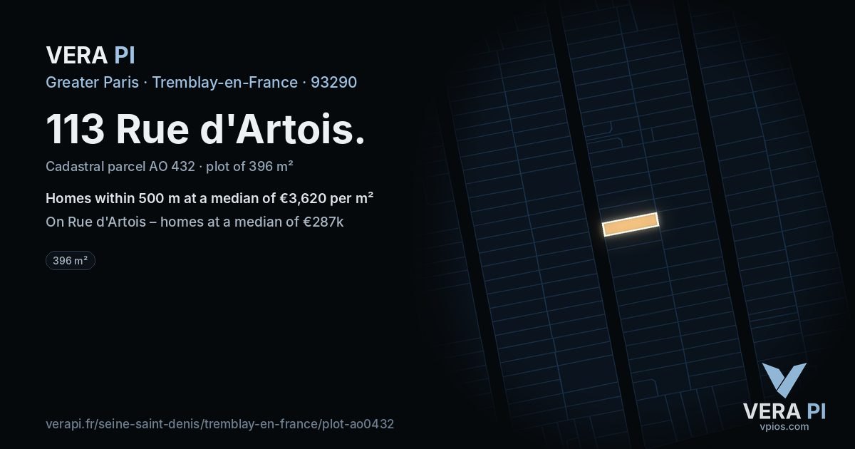 113 Rue d'Artois, Tremblay-en-France at night – the plot lit, the parcels around coloured by the prices near them