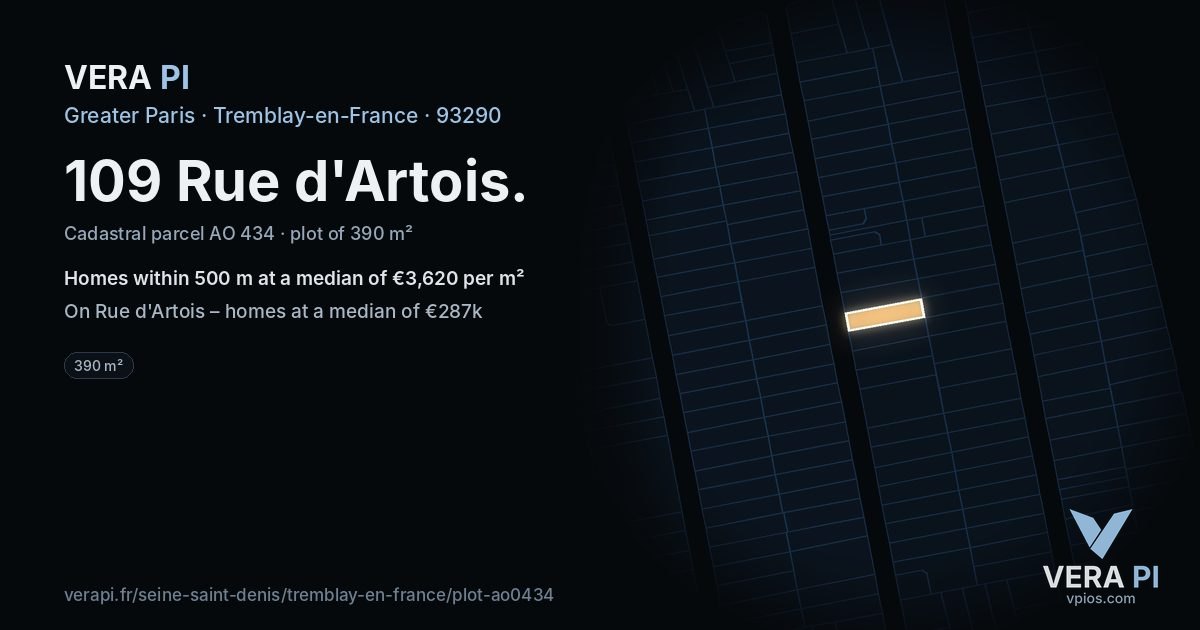 109 Rue d'Artois, Tremblay-en-France at night – the plot lit, the parcels around coloured by the prices near them