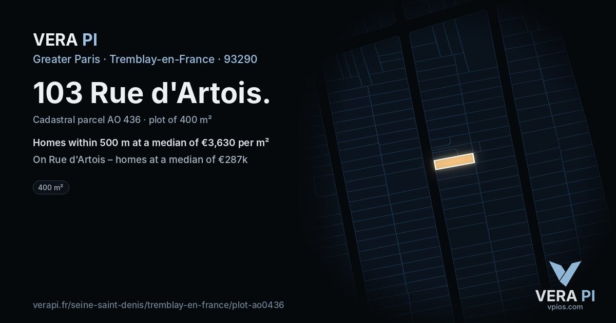 103 Rue d'Artois, Tremblay-en-France at night – the plot lit, the parcels around coloured by the prices near them