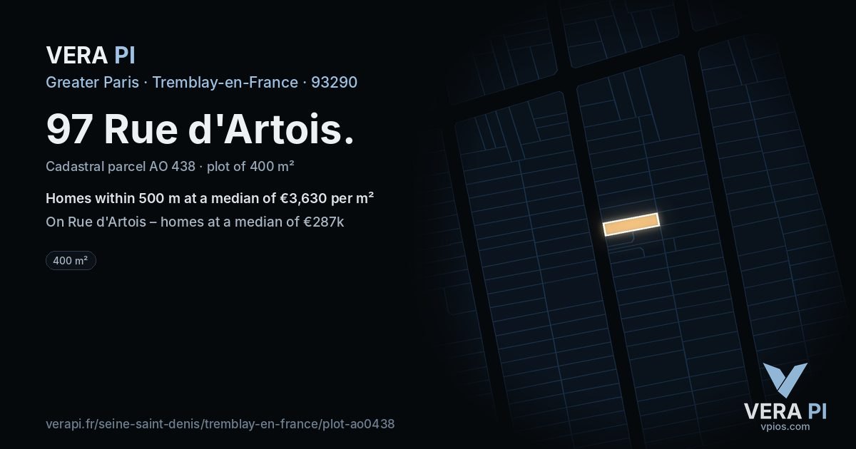 97 Rue d'Artois, Tremblay-en-France at night – the plot lit, the parcels around coloured by the prices near them