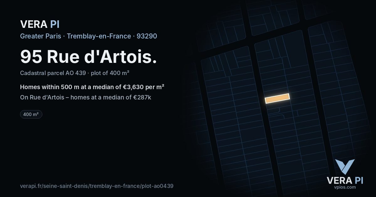 95 Rue d'Artois, Tremblay-en-France at night – the plot lit, the parcels around coloured by the prices near them