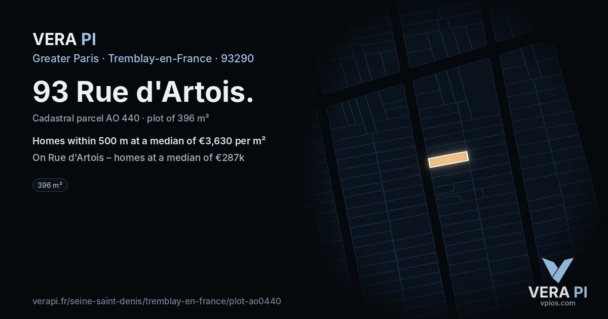 93 Rue d'Artois, Tremblay-en-France at night – the plot lit, the parcels around coloured by the prices near them