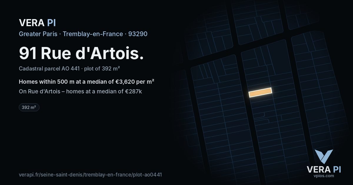 91 Rue d'Artois, Tremblay-en-France at night – the plot lit, the parcels around coloured by the prices near them