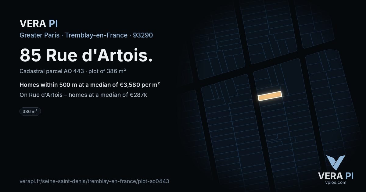 85 Rue d'Artois, Tremblay-en-France at night – the plot lit, the parcels around coloured by the prices near them