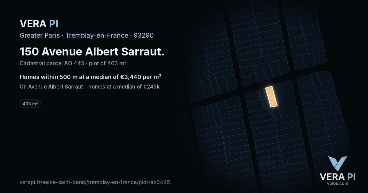 150 Avenue Albert Sarraut, Tremblay-en-France at night – the plot lit, the parcels around coloured by the prices near them