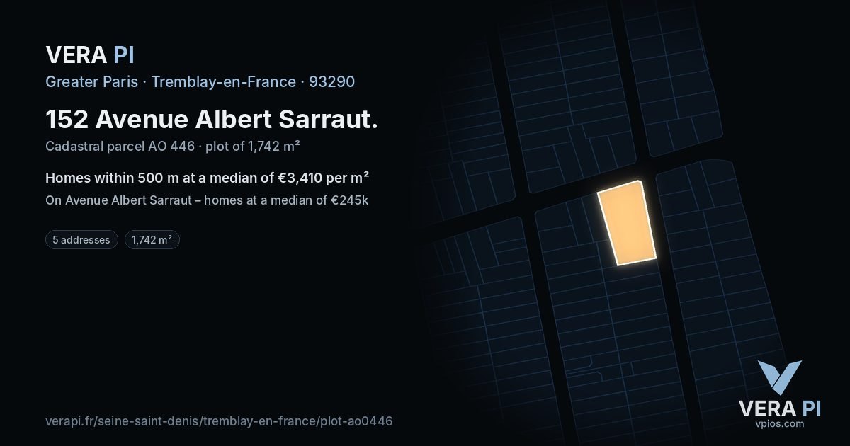 152 Avenue Albert Sarraut, Tremblay-en-France at night – the plot lit, the parcels around coloured by the prices near them