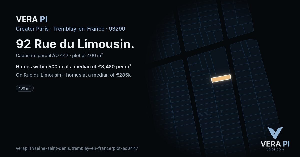 92 Rue du Limousin, Tremblay-en-France at night – the plot lit, the parcels around coloured by the prices near them