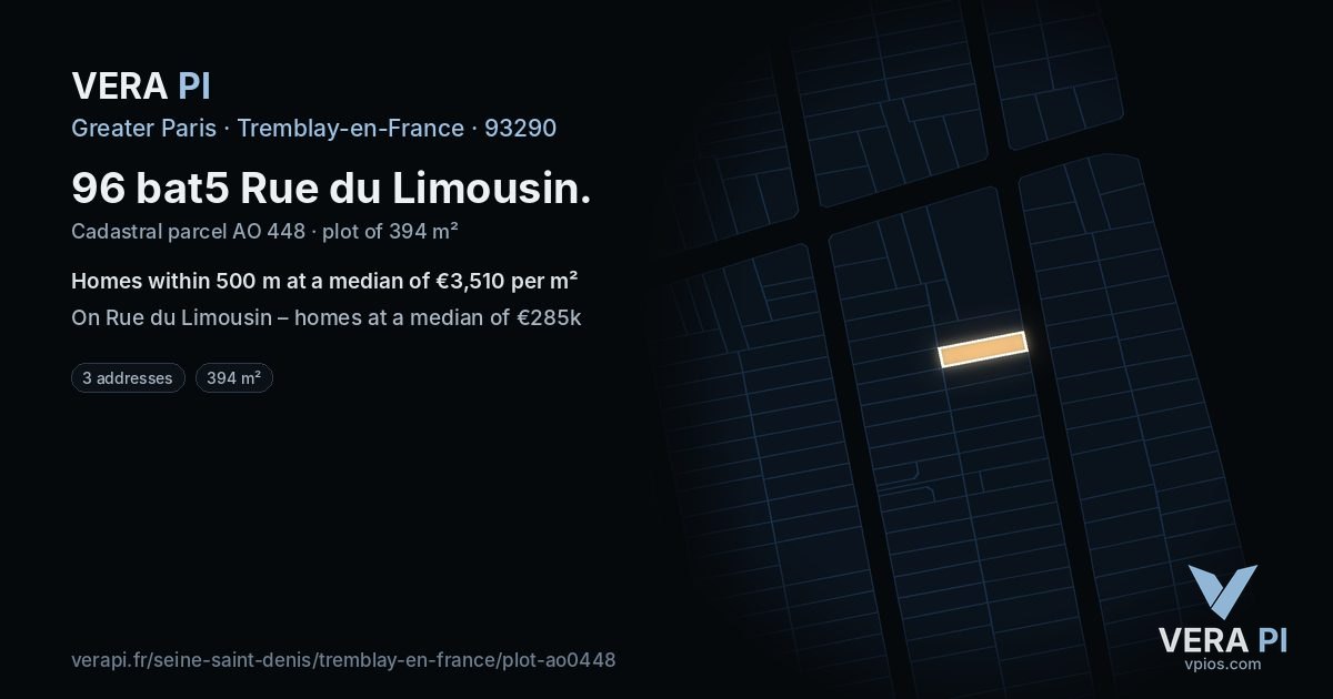 96 bat5 Rue du Limousin, Tremblay-en-France at night – the plot lit, the parcels around coloured by the prices near them