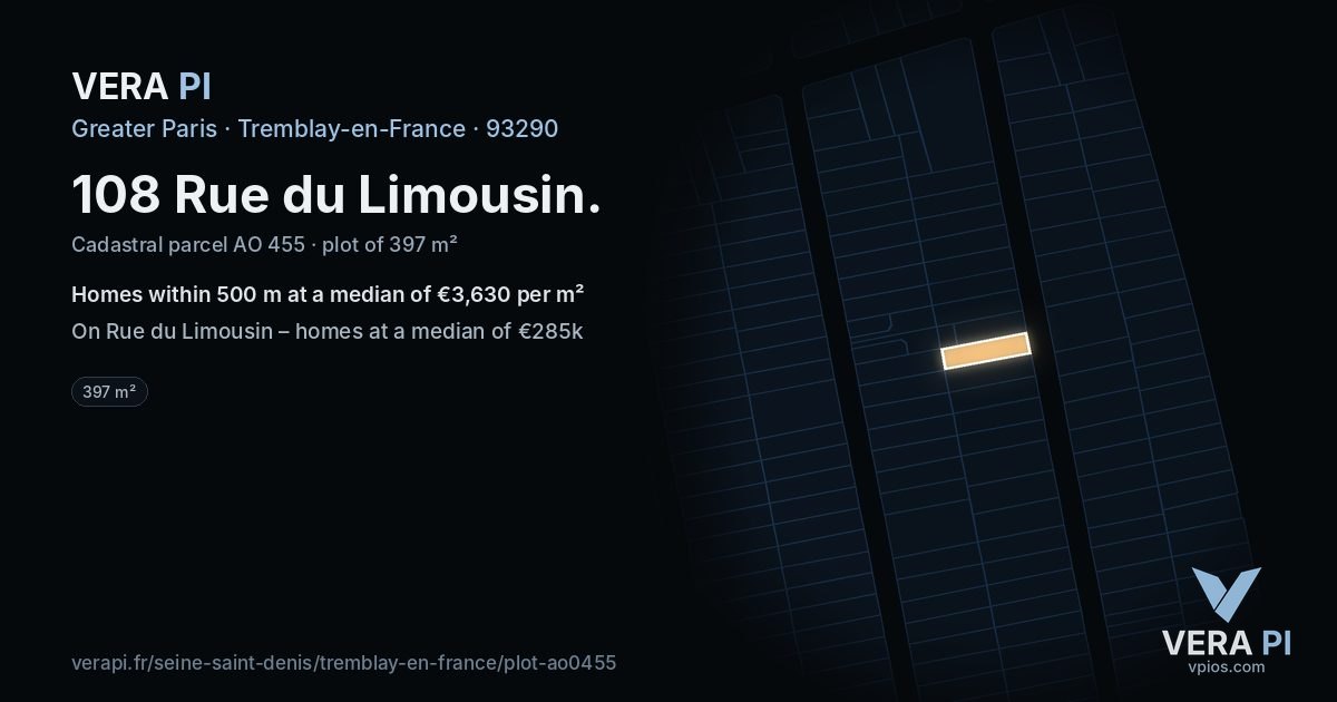 108 Rue du Limousin, Tremblay-en-France at night – the plot lit, the parcels around coloured by the prices near them