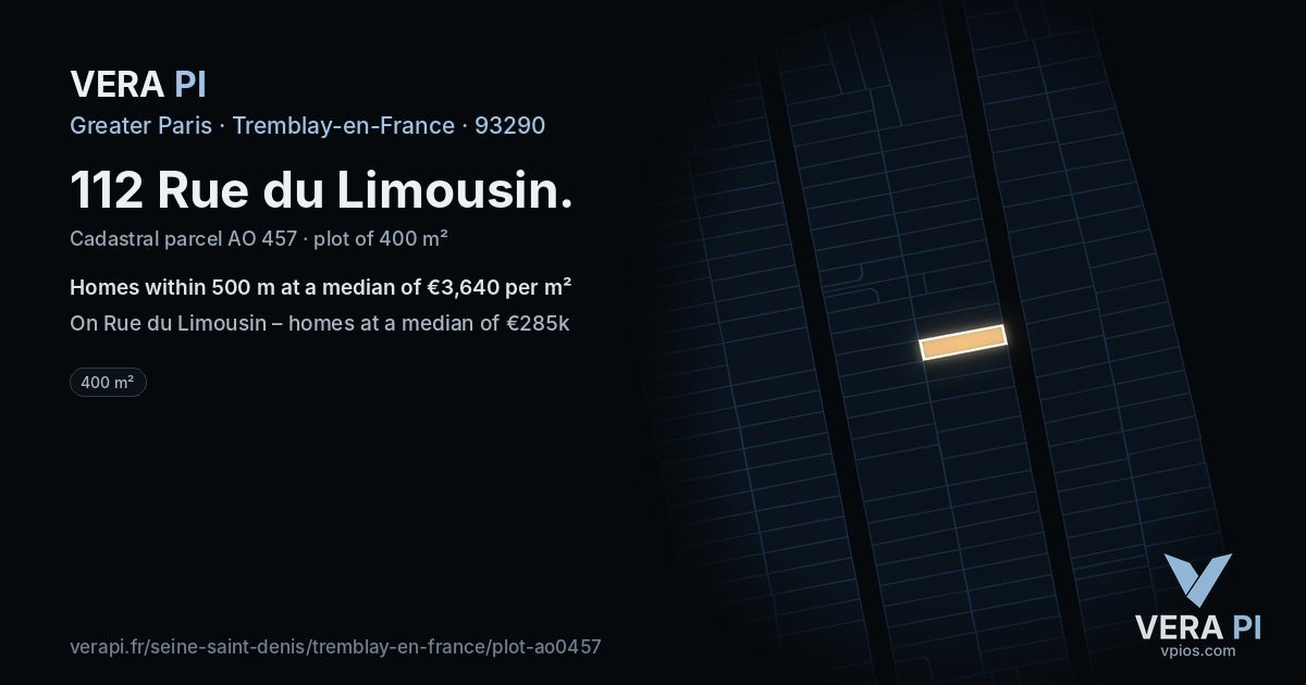 112 Rue du Limousin, Tremblay-en-France at night – the plot lit, the parcels around coloured by the prices near them