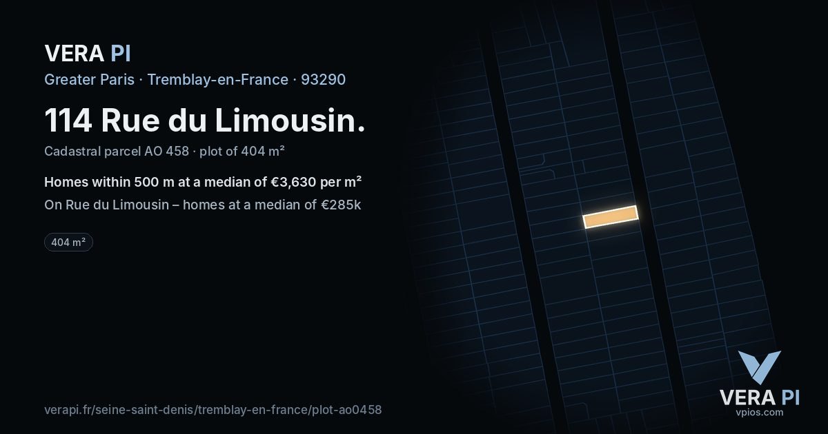 114 Rue du Limousin, Tremblay-en-France at night – the plot lit, the parcels around coloured by the prices near them