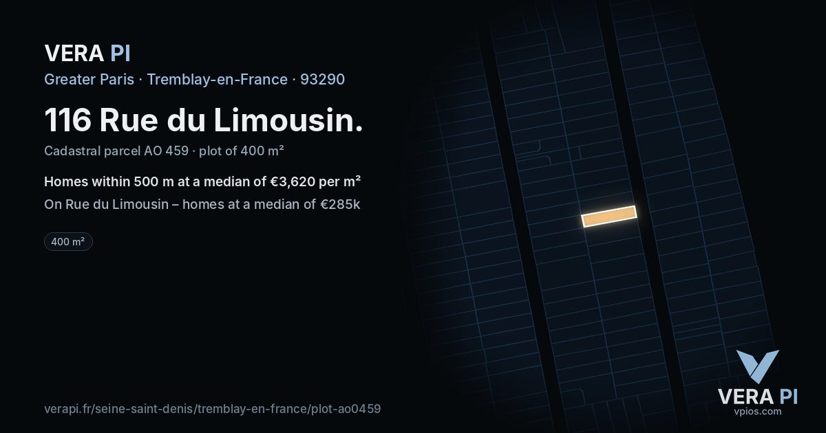 116 Rue du Limousin, Tremblay-en-France at night – the plot lit, the parcels around coloured by the prices near them