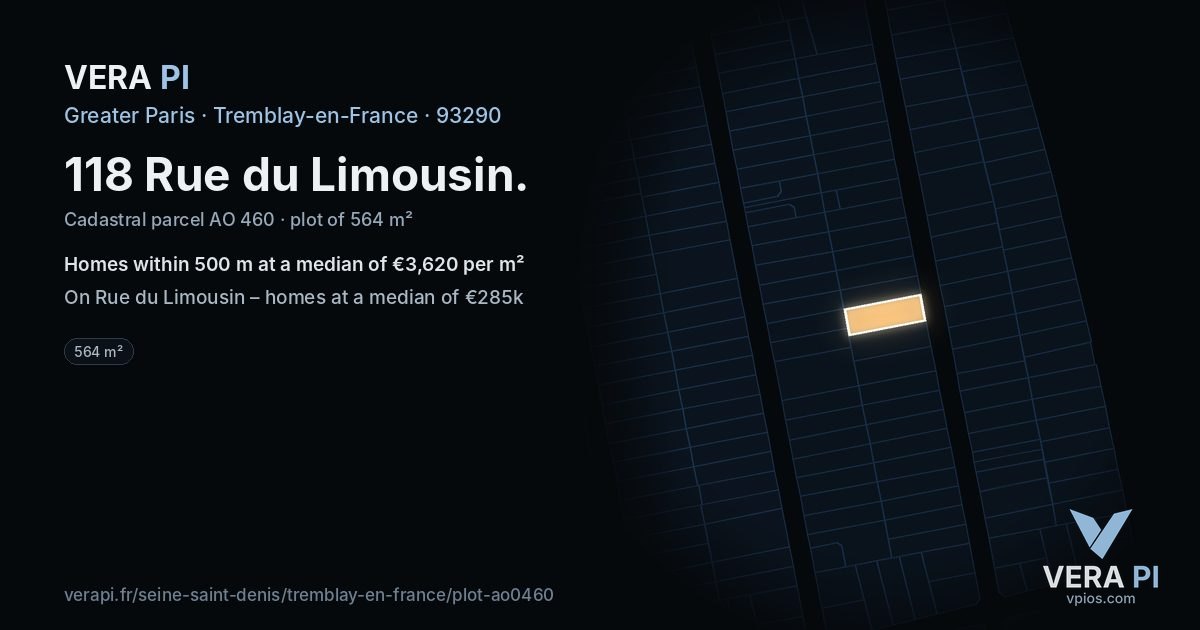 118 Rue du Limousin, Tremblay-en-France at night – the plot lit, the parcels around coloured by the prices near them