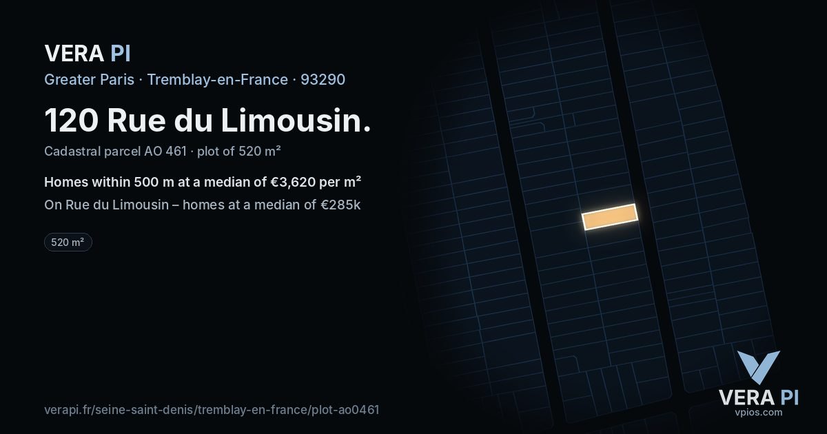 120 Rue du Limousin, Tremblay-en-France at night – the plot lit, the parcels around coloured by the prices near them