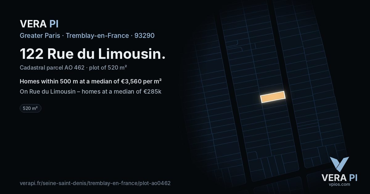 122 Rue du Limousin, Tremblay-en-France at night – the plot lit, the parcels around coloured by the prices near them