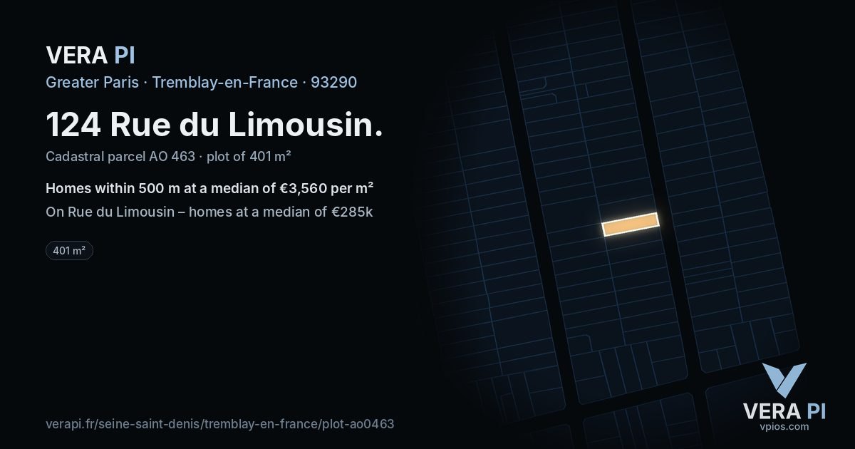 124 Rue du Limousin, Tremblay-en-France at night – the plot lit, the parcels around coloured by the prices near them