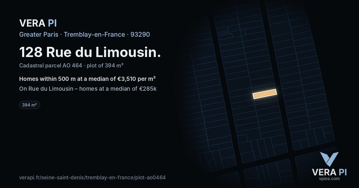 128 Rue du Limousin, Tremblay-en-France at night – the plot lit, the parcels around coloured by the prices near them