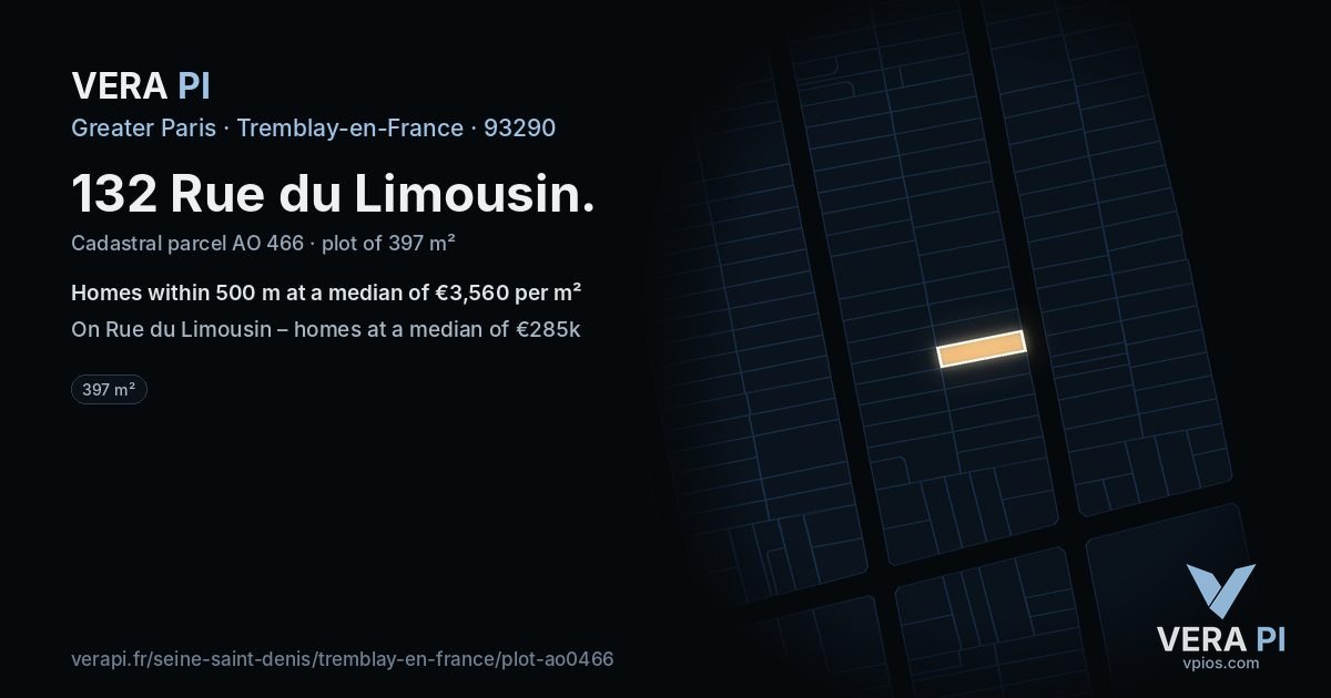 132 Rue du Limousin, Tremblay-en-France at night – the plot lit, the parcels around coloured by the prices near them