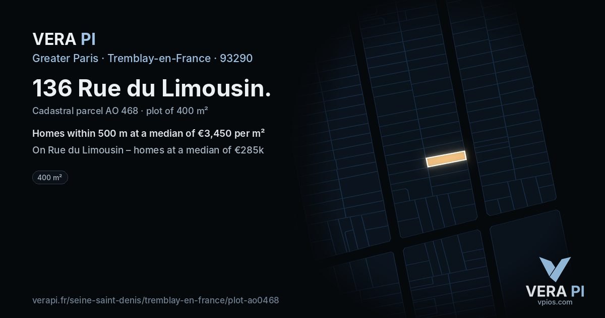 136 Rue du Limousin, Tremblay-en-France at night – the plot lit, the parcels around coloured by the prices near them