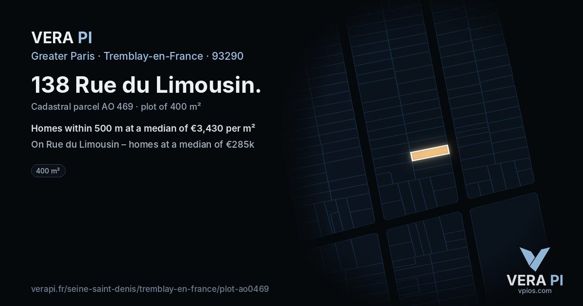 138 Rue du Limousin, Tremblay-en-France at night – the plot lit, the parcels around coloured by the prices near them