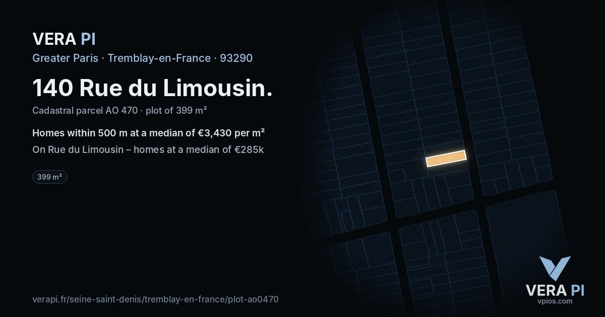 140 Rue du Limousin, Tremblay-en-France at night – the plot lit, the parcels around coloured by the prices near them
