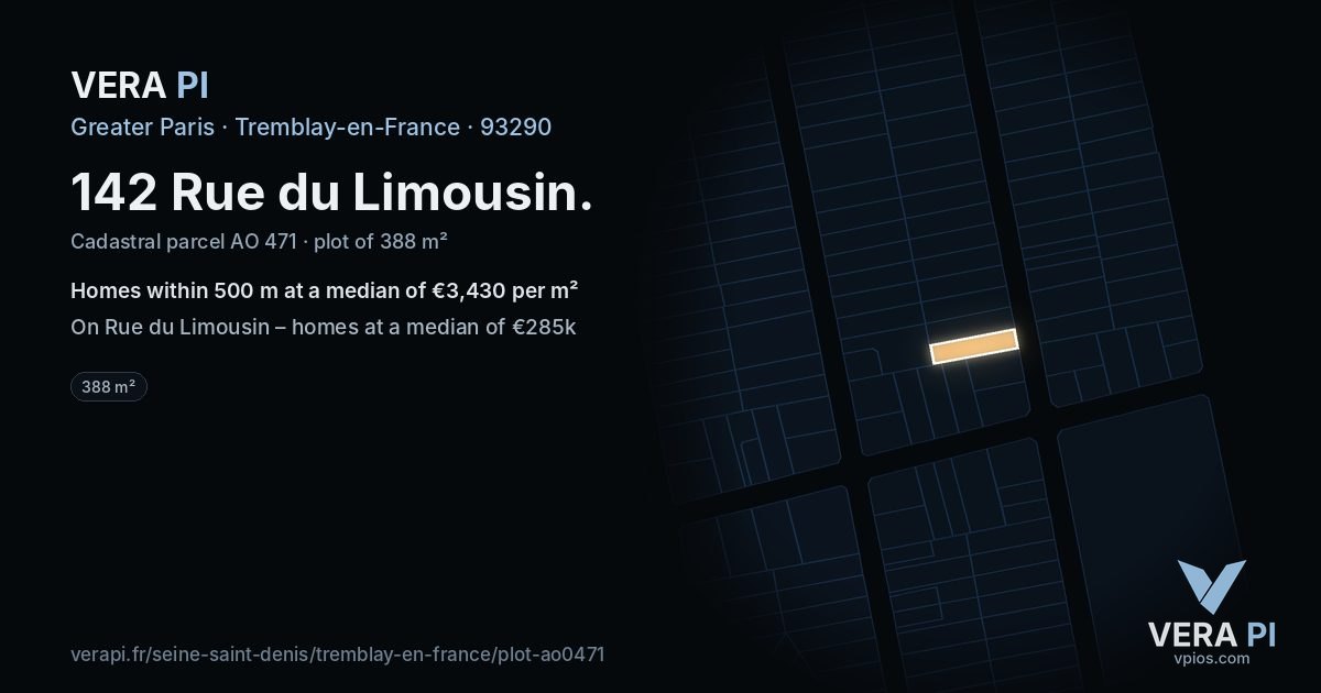 142 Rue du Limousin, Tremblay-en-France at night – the plot lit, the parcels around coloured by the prices near them