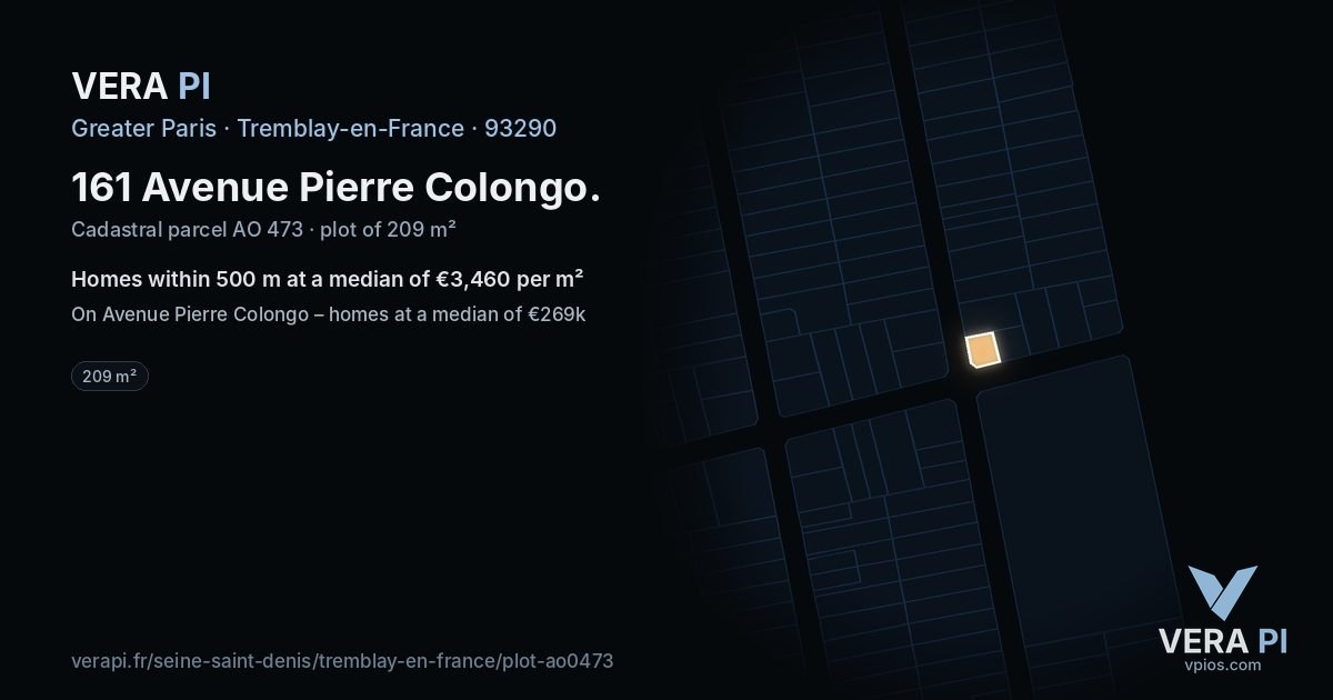 161 Avenue Pierre Colongo, Tremblay-en-France at night – the plot lit, the parcels around coloured by the prices near them