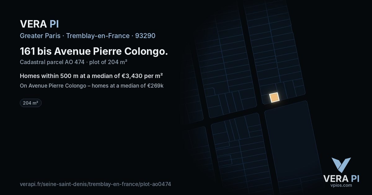 161 bis Avenue Pierre Colongo, Tremblay-en-France at night – the plot lit, the parcels around coloured by the prices near them