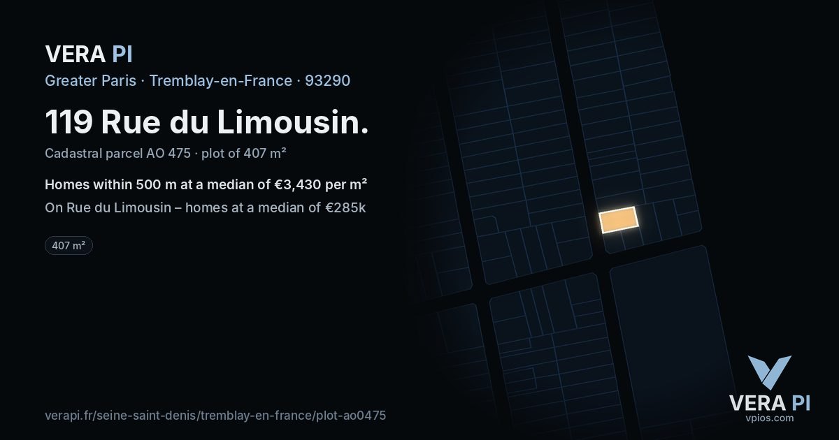 119 Rue du Limousin, Tremblay-en-France at night – the plot lit, the parcels around coloured by the prices near them