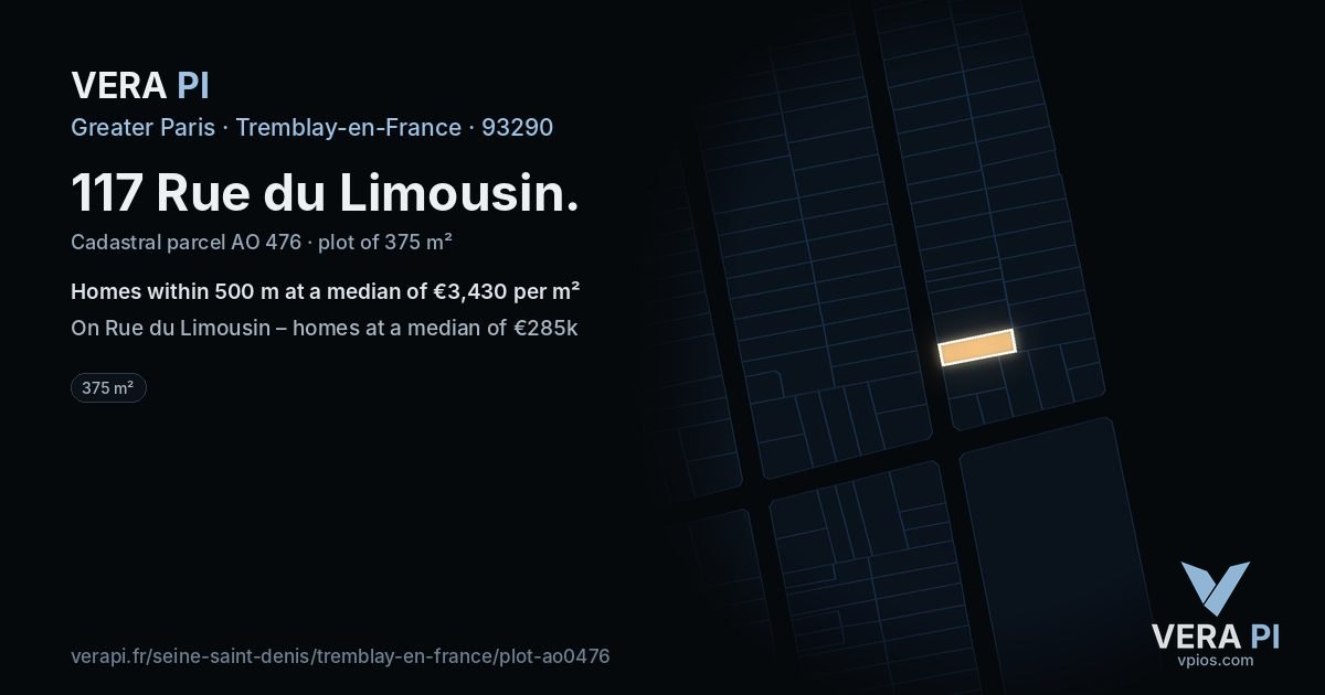 117 Rue du Limousin, Tremblay-en-France at night – the plot lit, the parcels around coloured by the prices near them