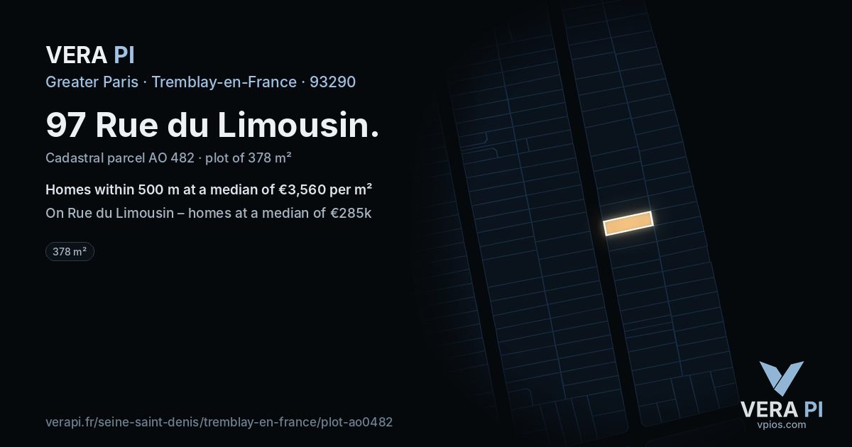 97 Rue du Limousin, Tremblay-en-France at night – the plot lit, the parcels around coloured by the prices near them