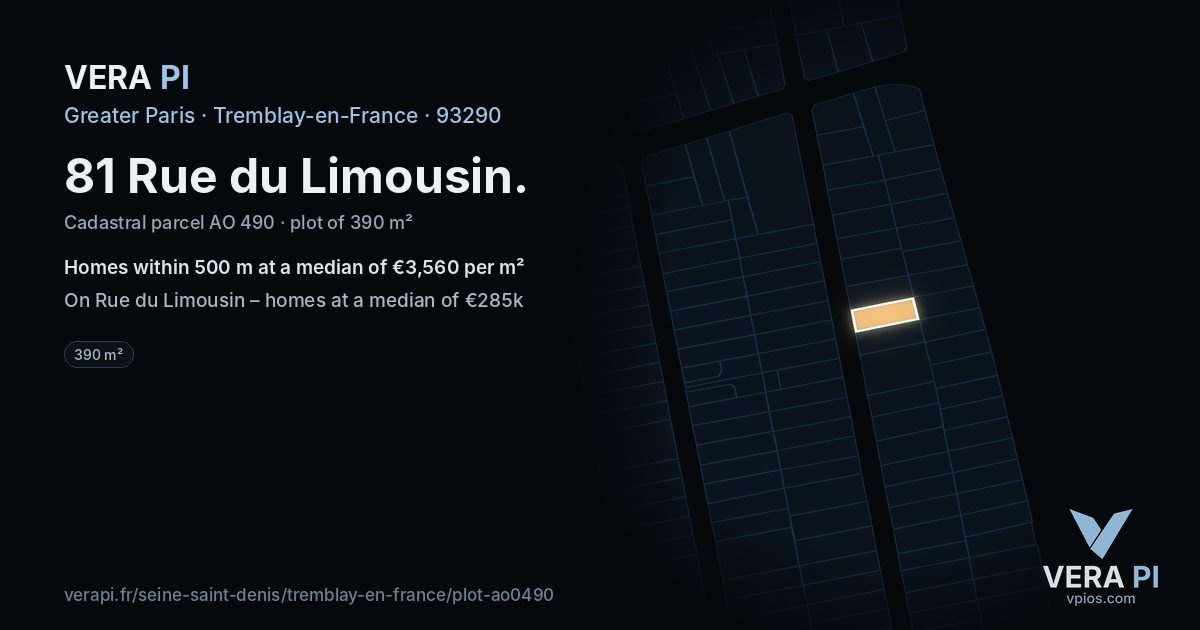 81 Rue du Limousin, Tremblay-en-France at night – the plot lit, the parcels around coloured by the prices near them