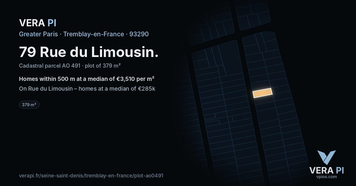 79 Rue du Limousin, Tremblay-en-France at night – the plot lit, the parcels around coloured by the prices near them