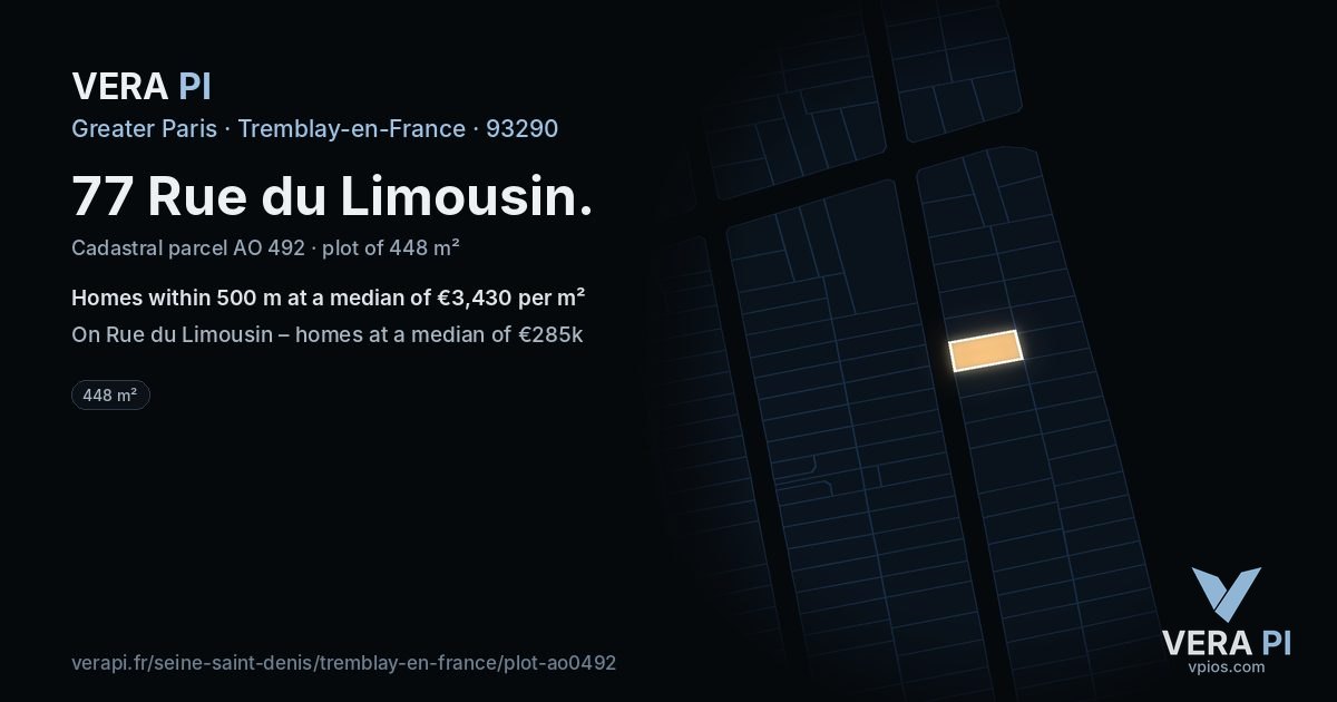 77 Rue du Limousin, Tremblay-en-France at night – the plot lit, the parcels around coloured by the prices near them