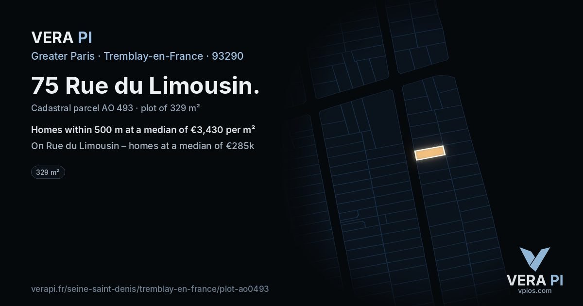75 Rue du Limousin, Tremblay-en-France at night – the plot lit, the parcels around coloured by the prices near them