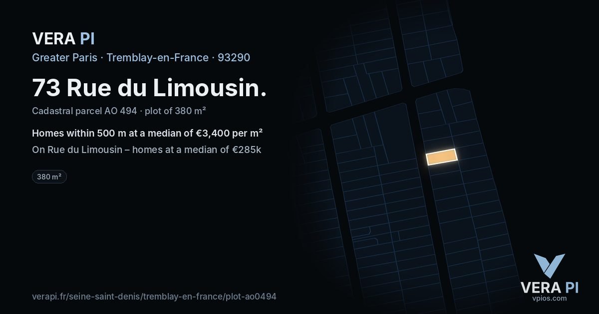 73 Rue du Limousin, Tremblay-en-France at night – the plot lit, the parcels around coloured by the prices near them