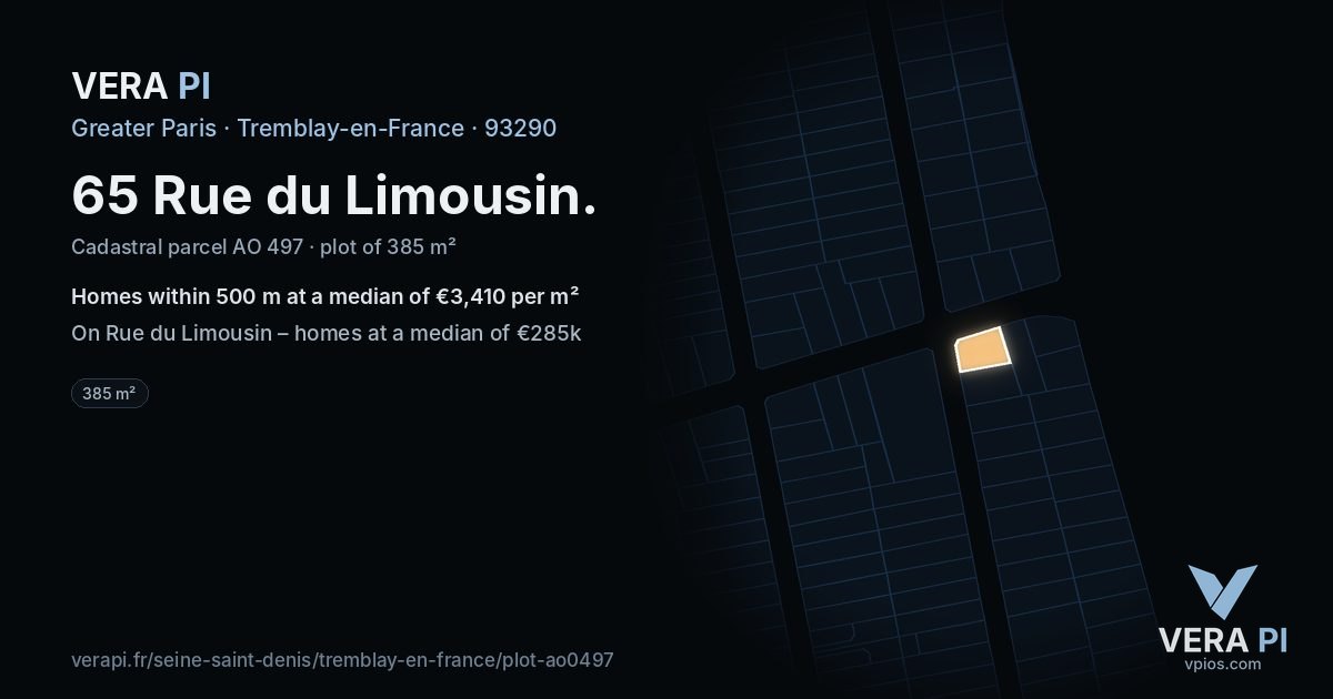 65 Rue du Limousin, Tremblay-en-France at night – the plot lit, the parcels around coloured by the prices near them