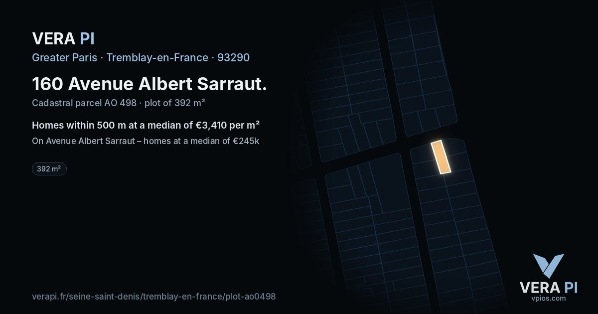 160 Avenue Albert Sarraut, Tremblay-en-France at night – the plot lit, the parcels around coloured by the prices near them
