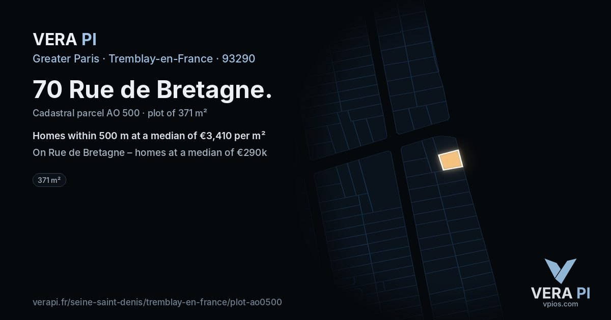70 Rue de Bretagne, Tremblay-en-France at night – the plot lit, the parcels around coloured by the prices near them