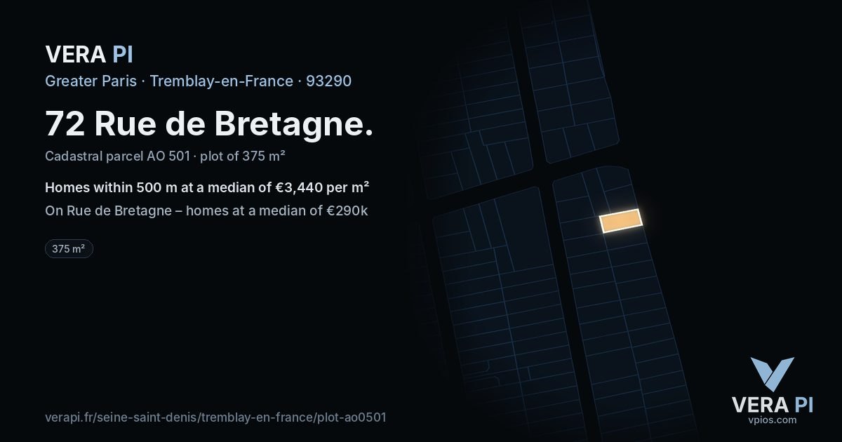 72 Rue de Bretagne, Tremblay-en-France at night – the plot lit, the parcels around coloured by the prices near them