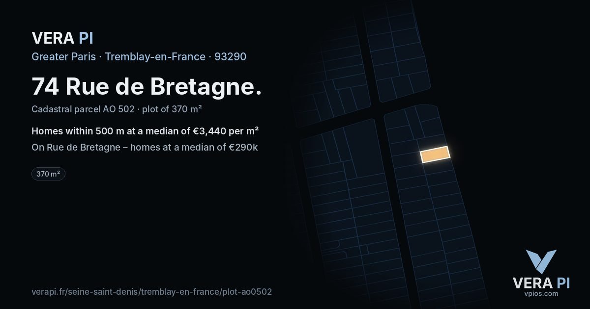 74 Rue de Bretagne, Tremblay-en-France at night – the plot lit, the parcels around coloured by the prices near them