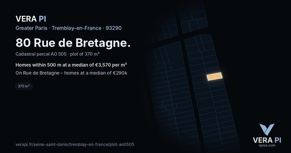 80 Rue de Bretagne, Tremblay-en-France at night – the plot lit, the parcels around coloured by the prices near them