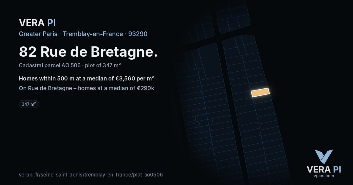 82 Rue de Bretagne, Tremblay-en-France at night – the plot lit, the parcels around coloured by the prices near them
