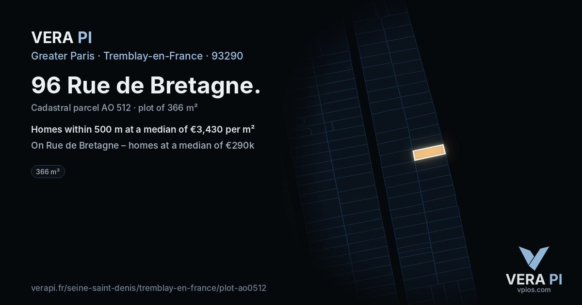 96 Rue de Bretagne, Tremblay-en-France at night – the plot lit, the parcels around coloured by the prices near them