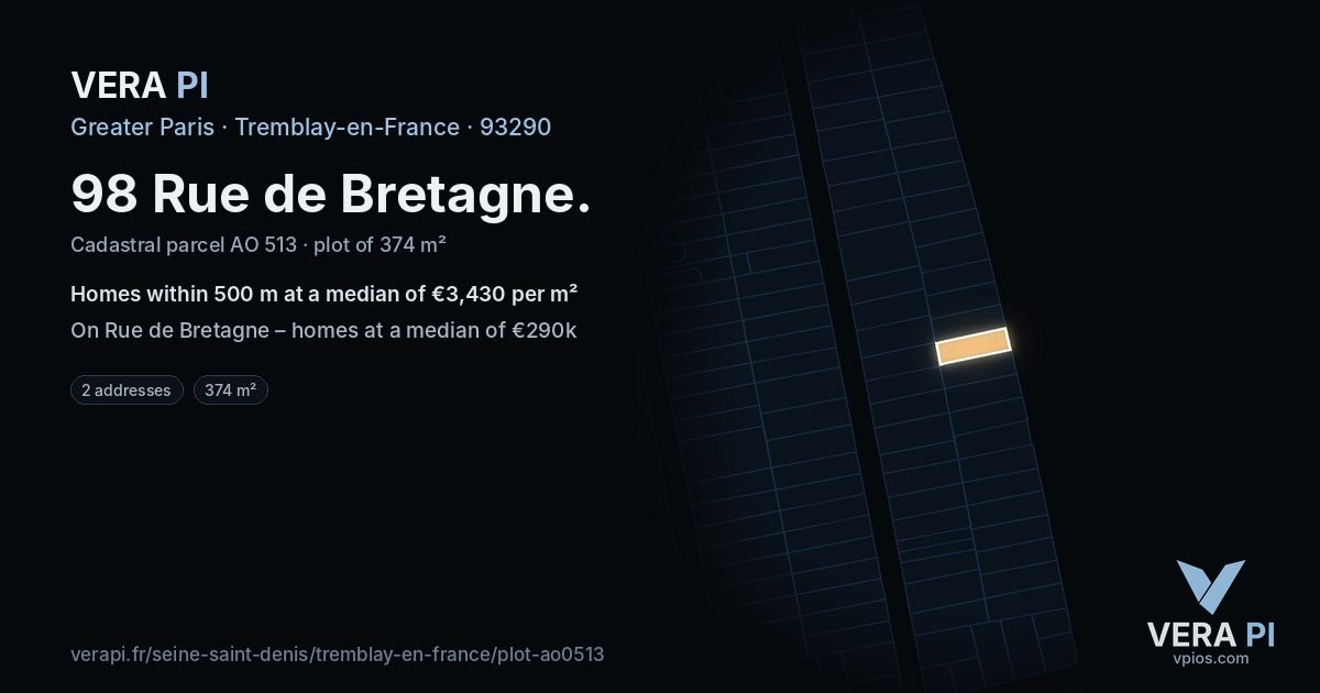 98 Rue de Bretagne, Tremblay-en-France at night – the plot lit, the parcels around coloured by the prices near them