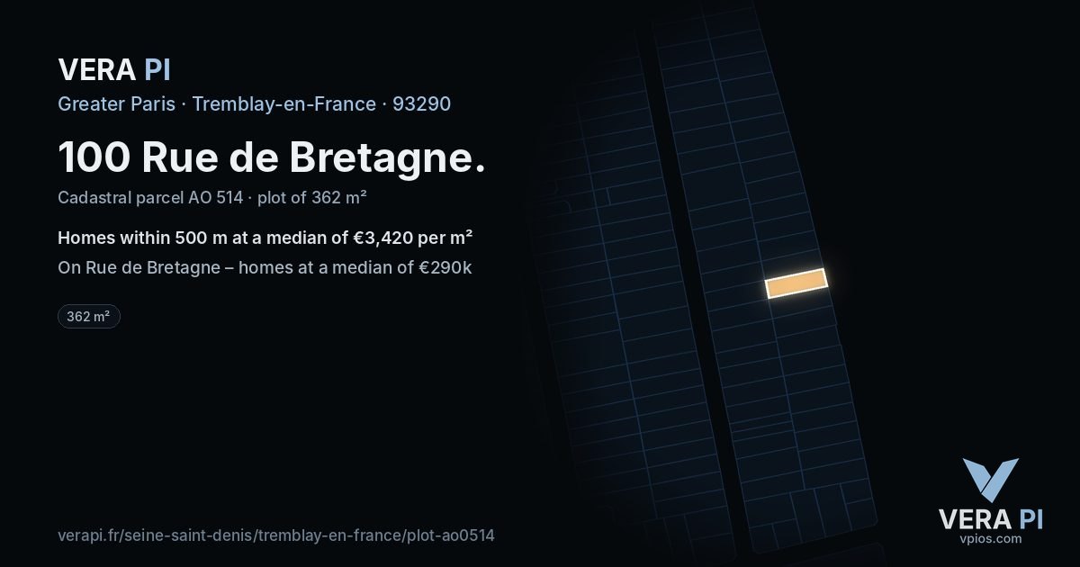 100 Rue de Bretagne, Tremblay-en-France at night – the plot lit, the parcels around coloured by the prices near them
