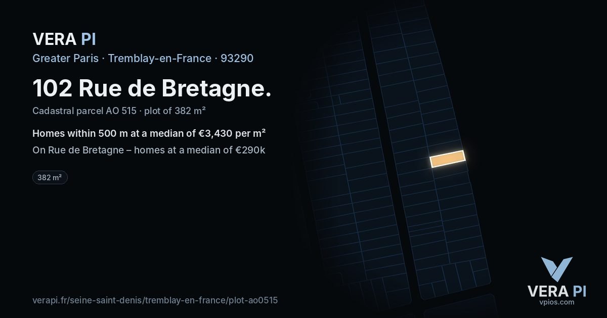 102 Rue de Bretagne, Tremblay-en-France at night – the plot lit, the parcels around coloured by the prices near them