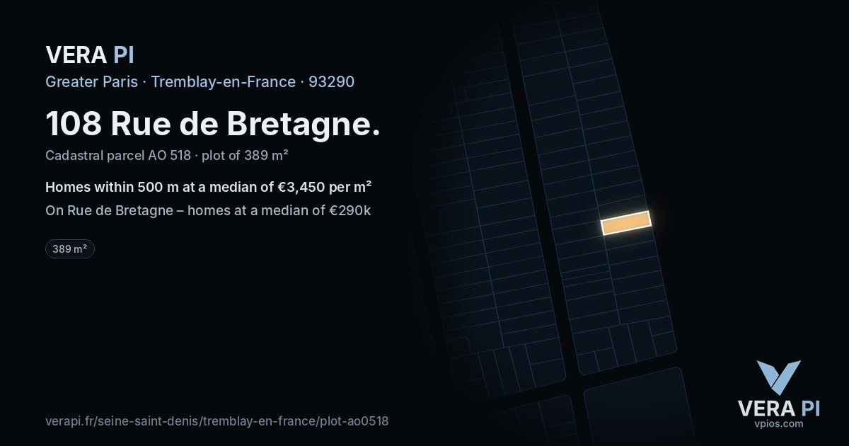 108 Rue de Bretagne, Tremblay-en-France at night – the plot lit, the parcels around coloured by the prices near them