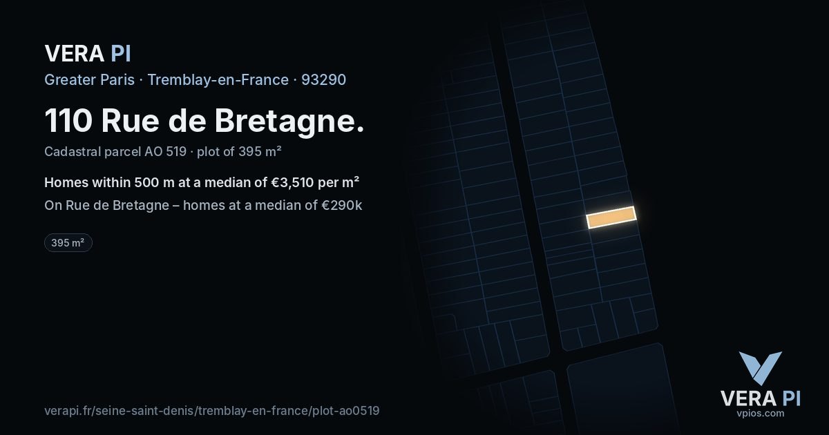 110 Rue de Bretagne, Tremblay-en-France at night – the plot lit, the parcels around coloured by the prices near them