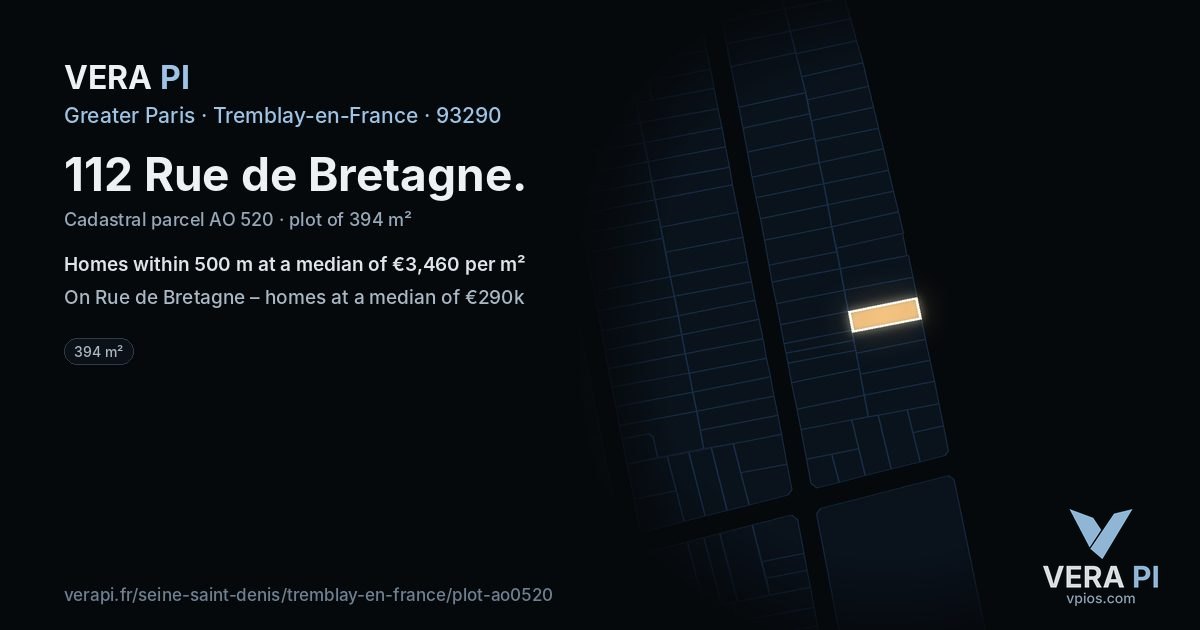 112 Rue de Bretagne, Tremblay-en-France at night – the plot lit, the parcels around coloured by the prices near them